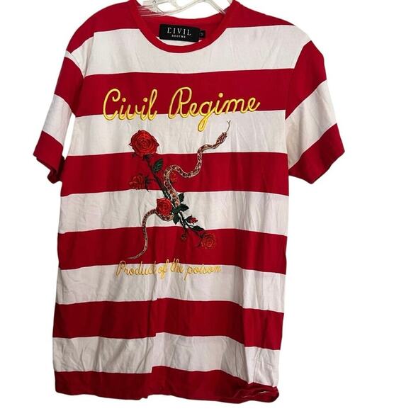 Civil Regime Men's Red White Embroidered Snake And Flower Stripes T-Shirt Size M - Picture 1 of 4